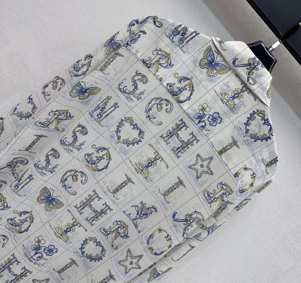 CD 26s Monogrammed Long-Sleeved Shirt White Navy Blue Polyester Fiber