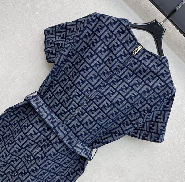 Fendi 26s Dress Grey Blue Jacquard Denim 366967