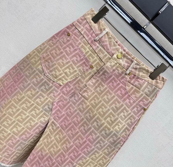 Fendi 26s Midi Skirt Beige Pink Jacquard Denim 366972