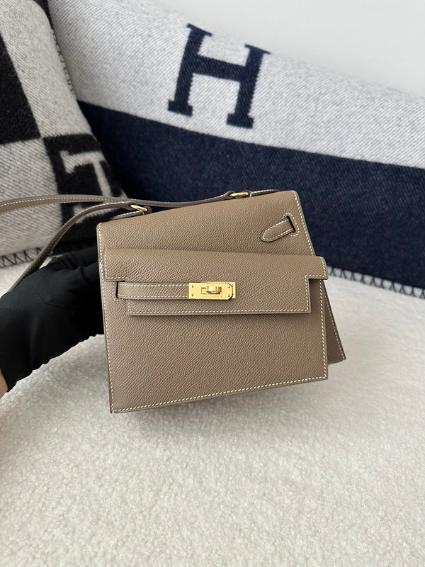 HM Kelly Desordre 20cm Etoupe Grey Epsom Gold Hardware