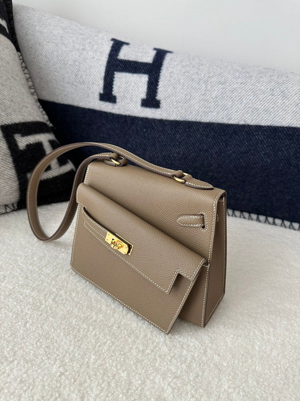 HM Kelly Desordre 20cm Etoupe Grey Epsom Gold Hardware