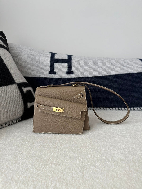 HM Kelly Desordre 20cm Etoupe Grey Epsom Gold Hardware