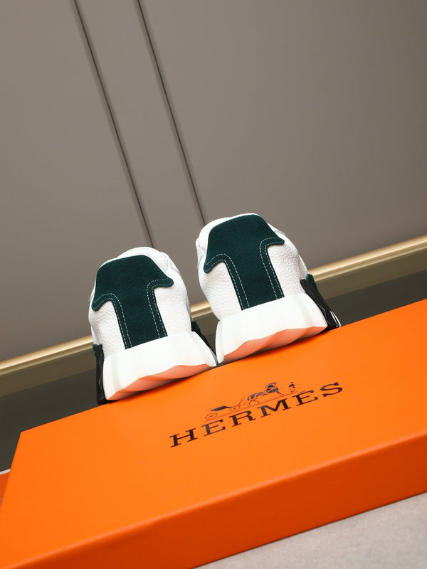 HM Men's Bouncing Sneakers White Green Sheepskin Suede 664382