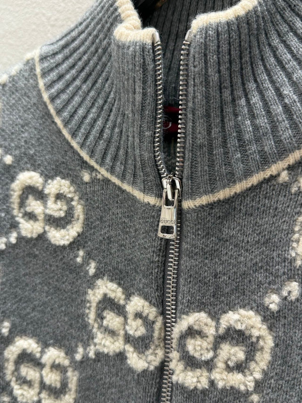 Gucci Zipper Cardigan Gray White Wool 304012
