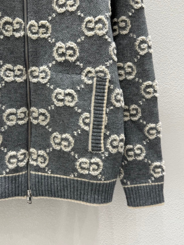 Gucci Zipper Cardigan Gray White Wool 304012