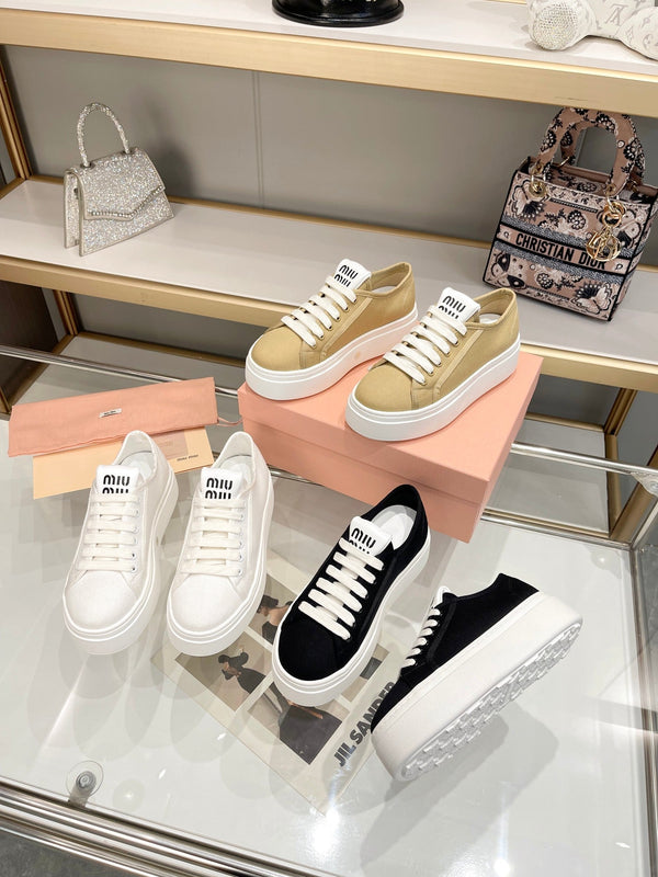 Miu Low Top Skateboard Shoes 50mm Golden Brown Canvas Cowhide 456835