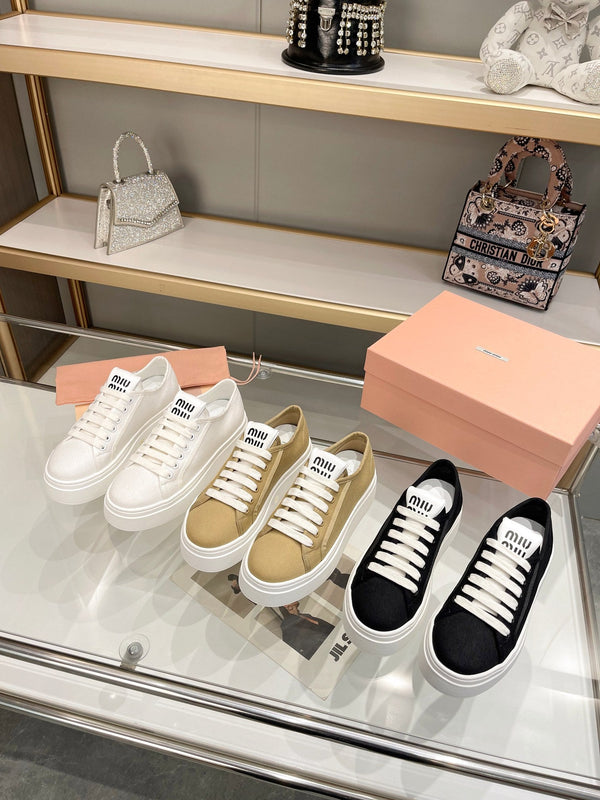 Miu Low Top Skateboard Shoes 50mm Golden Brown Canvas Cowhide 456835