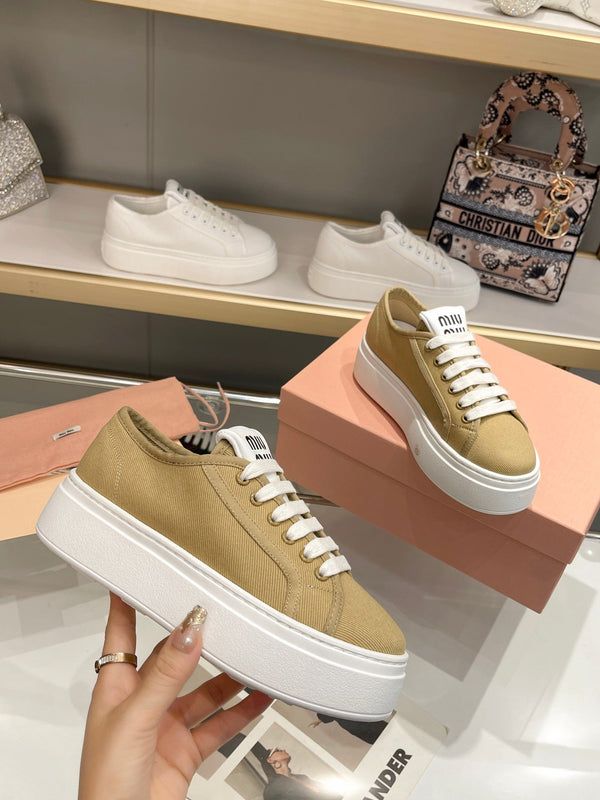 Miu Low Top Skateboard Shoes 50mm Golden Brown Canvas Cowhide 456835