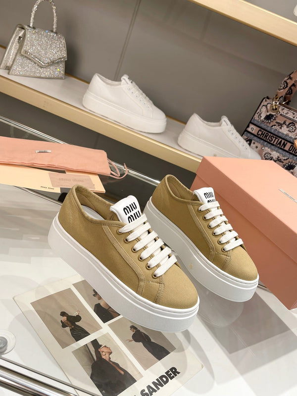 Miu Low Top Skateboard Shoes 50mm Golden Brown Canvas Cowhide 456835