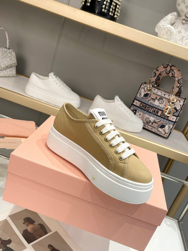 Miu Low Top Skateboard Shoes 50mm Golden Brown Canvas Cowhide 456835