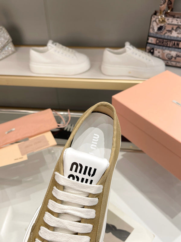 Miu Low Top Skateboard Shoes 50mm Golden Brown Canvas Cowhide 456835