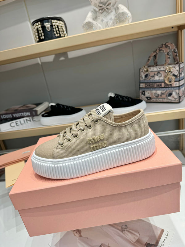 Miu logo-patch sneakers 45mm Dark Sand Canvas 456832