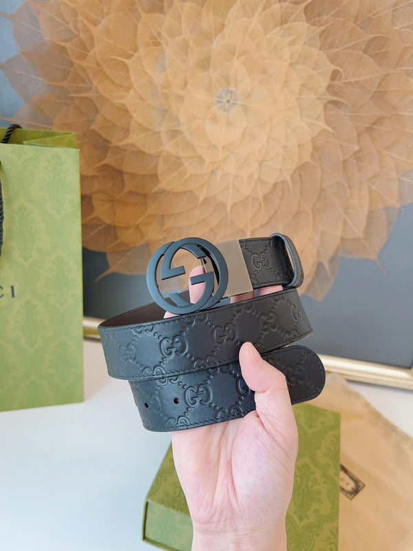 Gucci Supreme Belt Black Buckle 37mm Black Embossed Leather