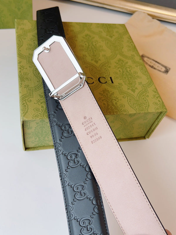 Gucci Signature Belt Sliver Buckle 40mm Black Embossed Leather