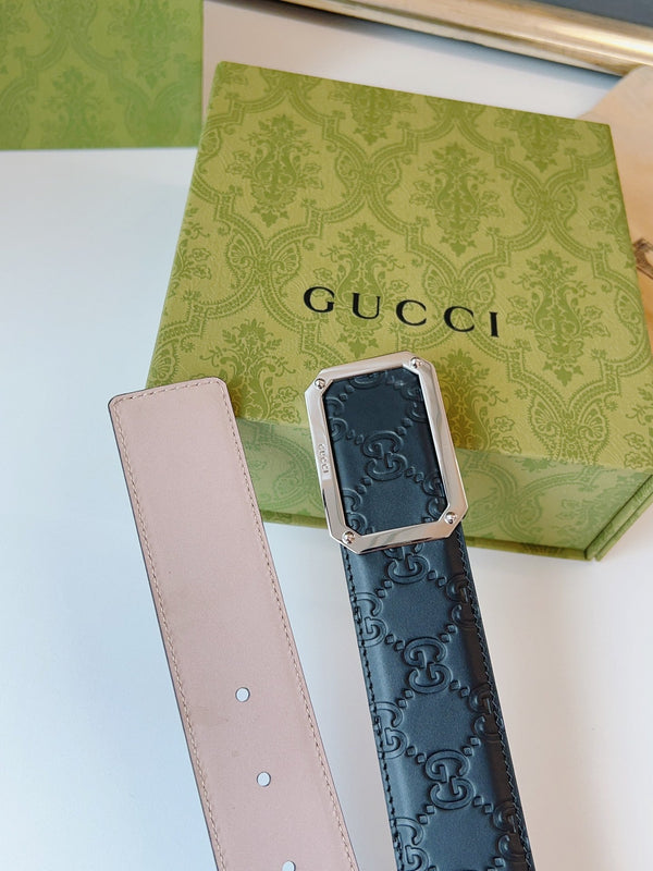 Gucci Signature Belt Sliver Buckle 40mm Black Embossed Leather
