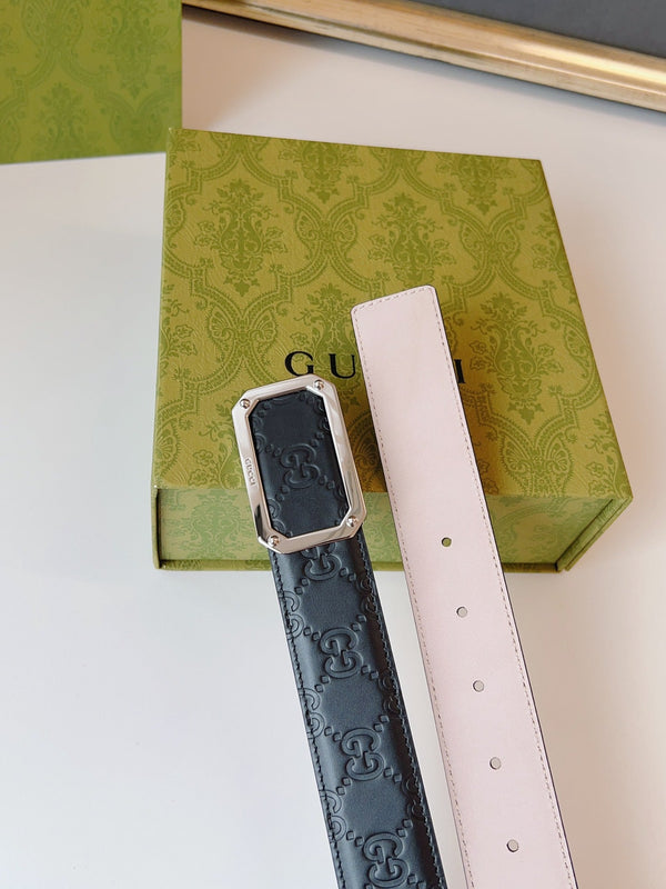 Gucci Signature Belt Sliver Buckle 35mm Black Embossed Leather