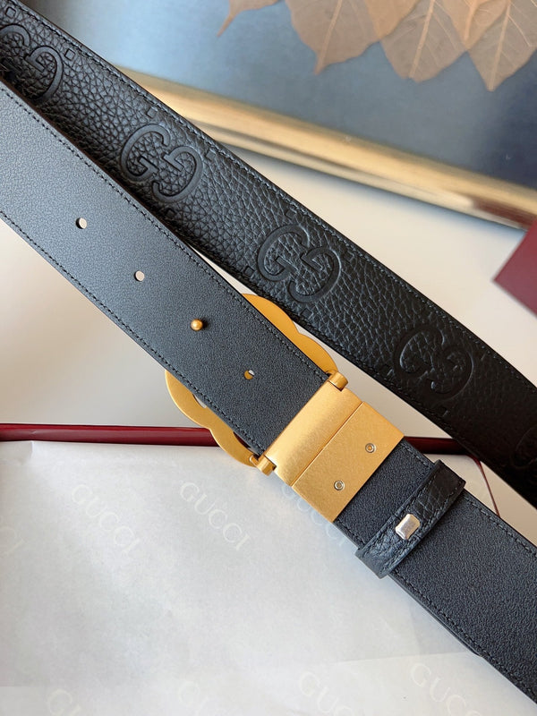 DOUBLE G MARMONT GOLD BUCKLE 37MM BLACK EMBOSSED LEATHER