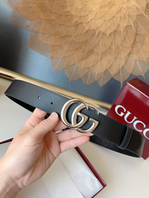 DOUBLE G MARMONT SHINY SLIVER BUCKLE 37MM BLACK EMBOSSED LEATHER