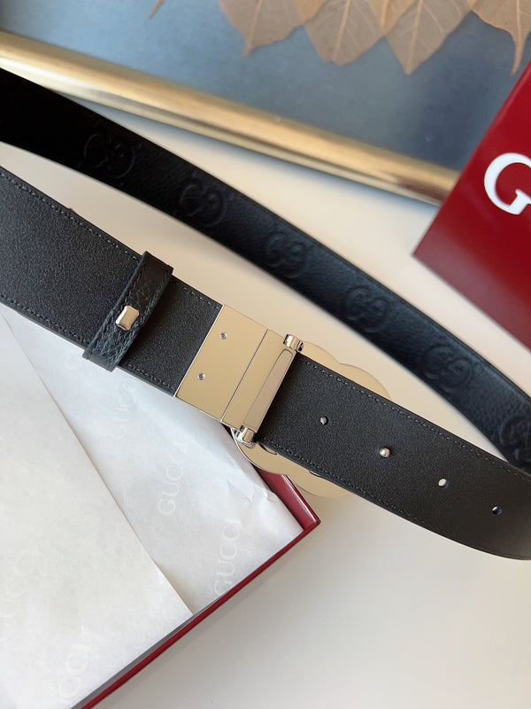 DOUBLE G MARMONT SHINY SLIVER BUCKLE 37MM BLACK EMBOSSED LEATHER