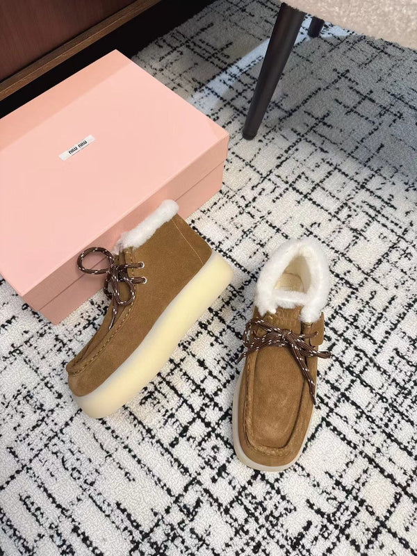 Miu Ankle Boots Brown Yellow Fleece Lining Cow Suede