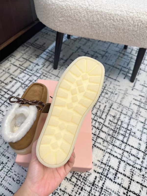 Miu Ankle Boots Brown Yellow Fleece Lining Cow Suede