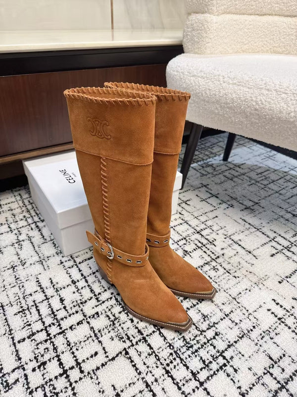 CE 26S Western Buckle Jumping Boots 4.5cm Orange Brown Suede 118186