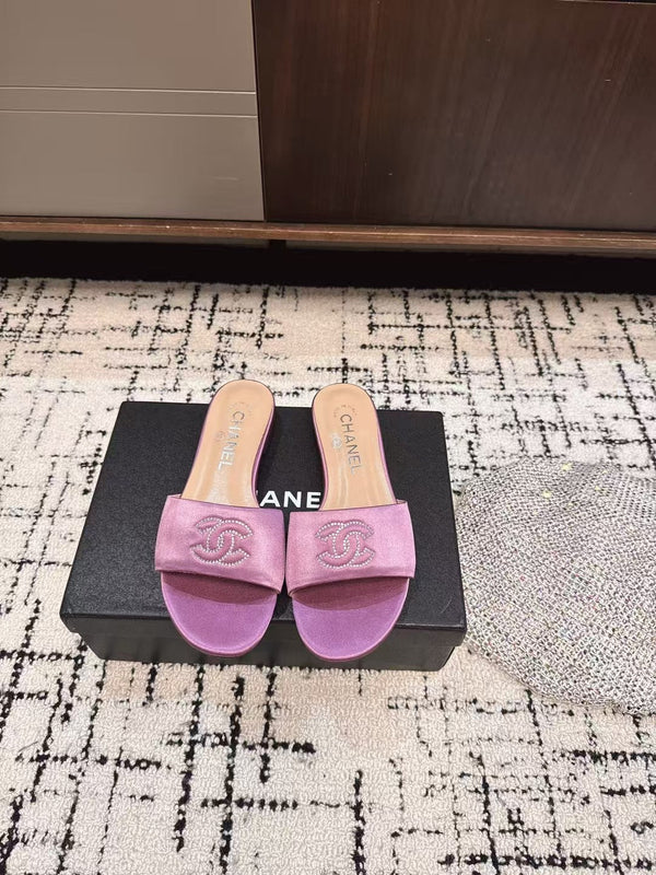 CC Slippers In Lilac Purple Satin Mix Calfskin