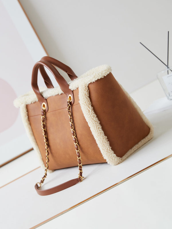 CC Shopping Bag 32cm Brown Beige Sherling Lambskin