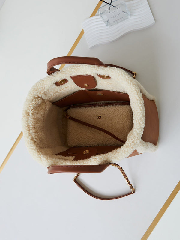 CC Shopping Bag 32cm Brown Beige Sherling Lambskin