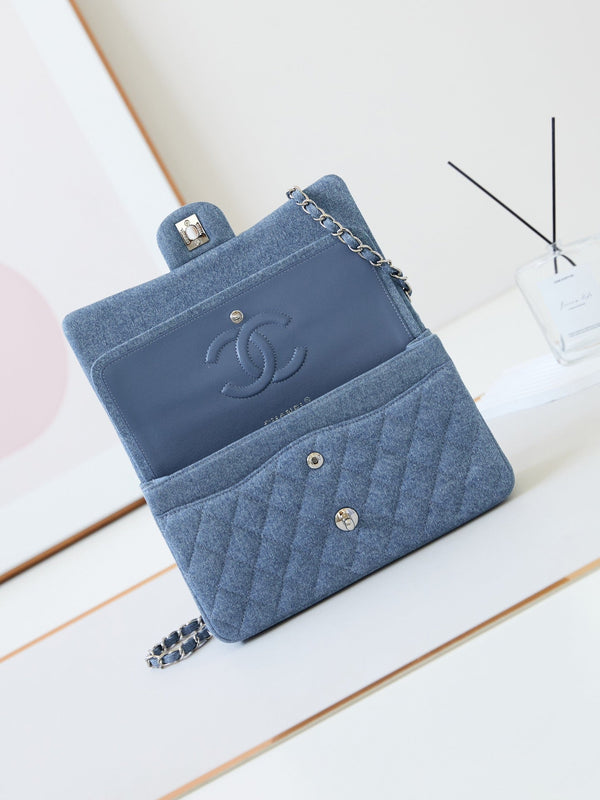 CC 24K Flap Bag 25cm Blue Denim Silver Hardware