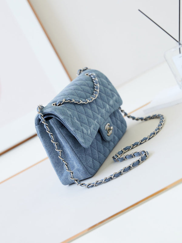 CC 24K Flap Bag 25cm Blue Denim Silver Hardware