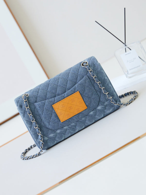 CC 24K Flap Bag 25cm Blue Denim Silver Hardware