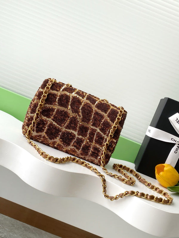 cc 25S Borsa a patta 21 cm Pelle di vitello con paillettes marrone e oro