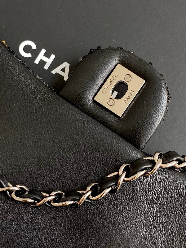 cc 25S Borsa a patta 21 cm Pelle di vitello con paillettes argento nero