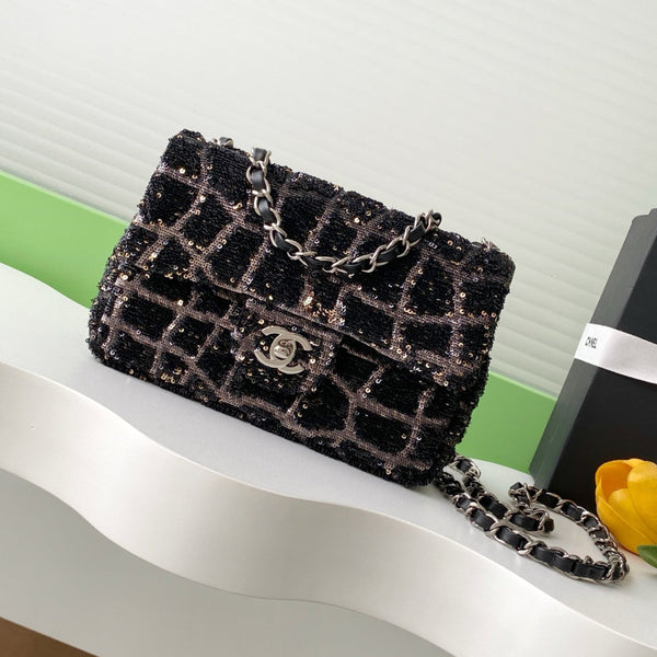 cc 25S Borsa a patta 21 cm Pelle di vitello con paillettes argento nero