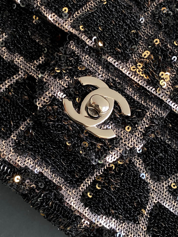 cc 25S Borsa a patta 21 cm Pelle di vitello con paillettes argento nero