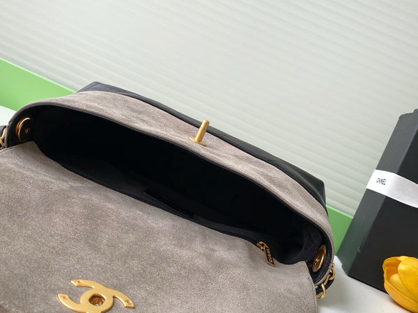 CC 25A Flap Bag 29cm Grey Suede Black Calfskin