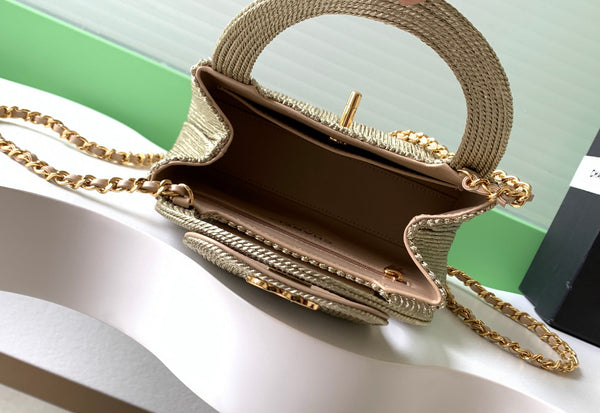 CC 2025 Woven Bag 19cm Gold Raffia Leather 296398