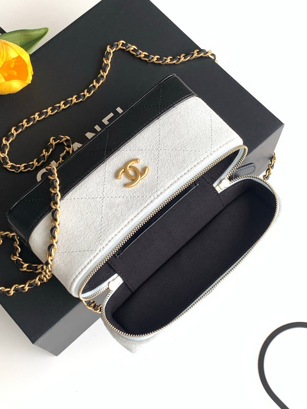 Chanel 2026 Vanity With Chain 19.5cm White Black Suede Lambskin 348254