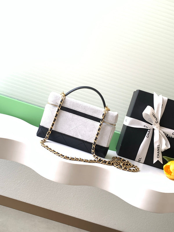 Chanel 2026 Vanity With Chain 19.5cm White Black Suede Lambskin 348254