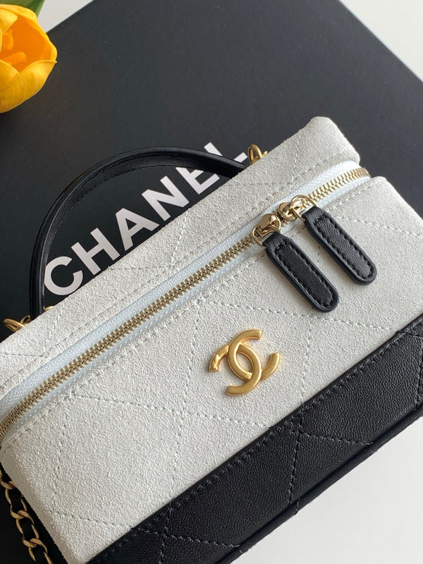 Chanel 2026 Vanity With Chain 19.5cm White Black Suede Lambskin 348254