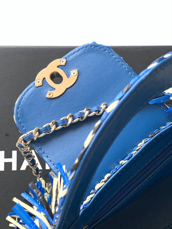 CC 2026 Top Handle Bag 19cm Blue White Raffia Fringe 292256