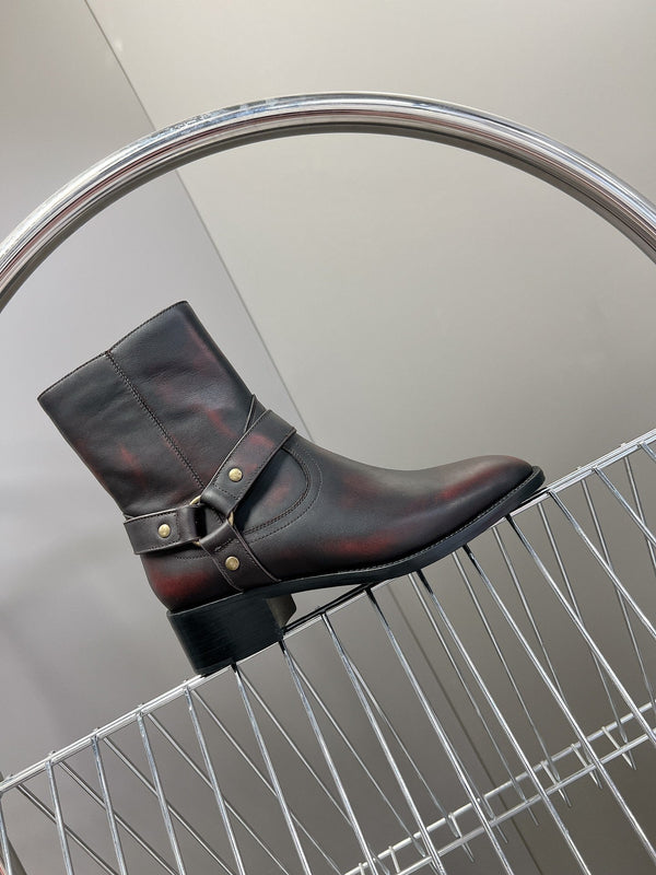 SL HARNESS BOOTS BLACK AND GARNET CALFSKIN