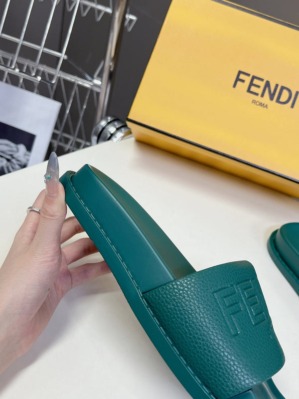 FENDI ROMA SLIDES IN TEAL GREEN LAMBSKIN LEATHER