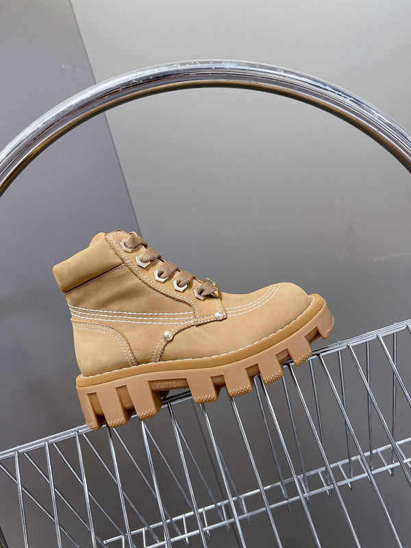 LV Checker Ankle Boots Brown Suede