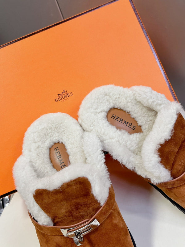 OZ Mule Dark Brown Suede White Shearling