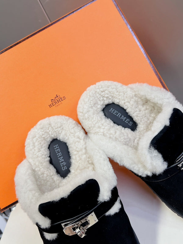 OZ Mule Black Suede White Shearling