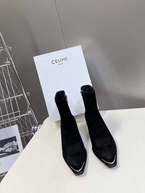 CELINE 25 Cowboy Boots Black Suede 434418
