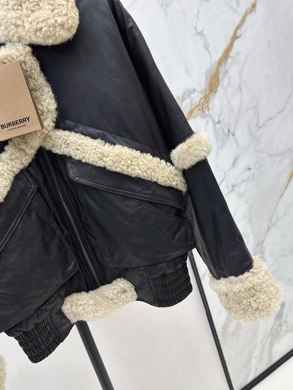 Burberry 25 Shearling-trimmed Bomber Jacket Black Cream Fur Leather