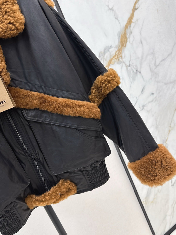 Burberry 25 Shearling-trimmed Bomber Jacket Black Brown Fur Leather